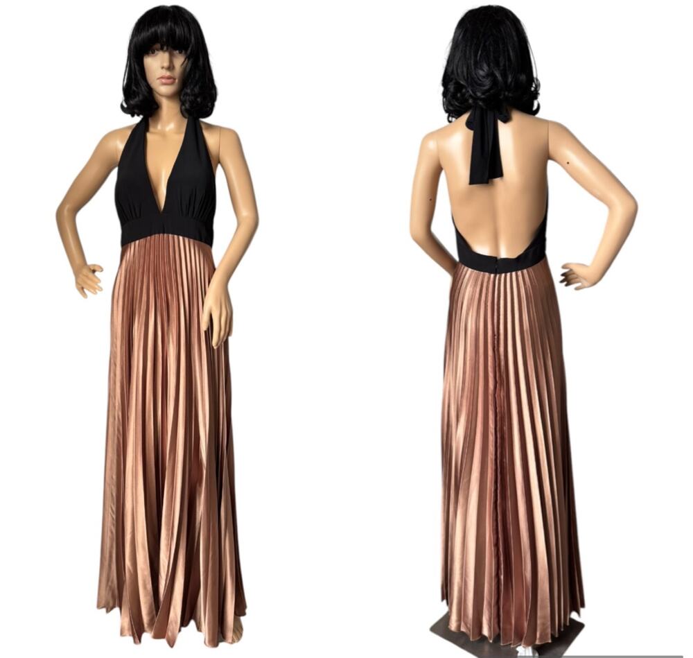 Betsy & Adam formal Black Halter neck dress Shimmering gold pleated skirt 10